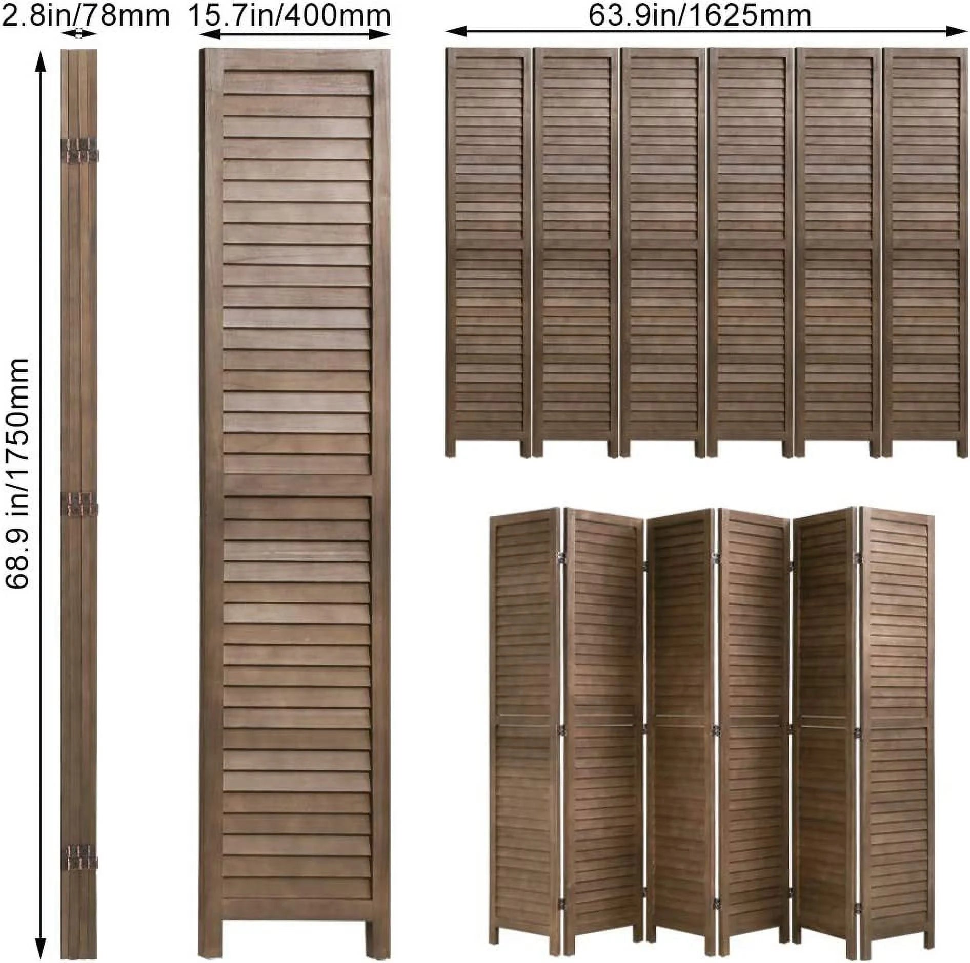 CL.HPAHKL 6 Panel Wood Room Divider, 5.75 Ft Tall Folding Privacy Screen, Brown Q34255