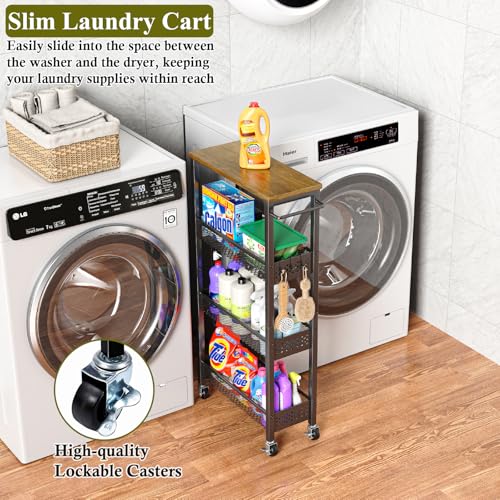 Utility Slim Storage Cart 4-Tier Rolling Cart with Wood Top A517006