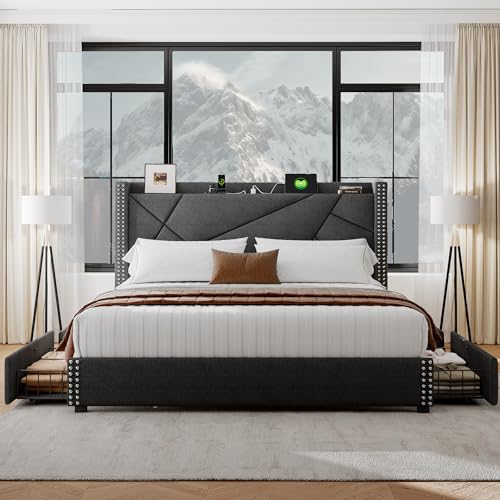 Upholstered Queen Bed Frame with 4 Storage Drawers and Charging Station, Light Grey K875