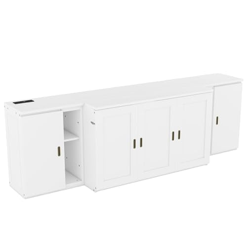 Ball & Cast Queen Size Solid Pine Murphy Bed with Charging Station, White + Walnut P2075