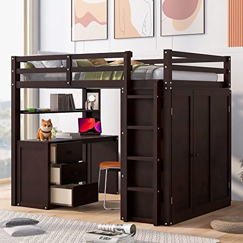 Harper & Bright Designs Full Loft Bed with Desk, Wardrobe, Solid Wood N868457