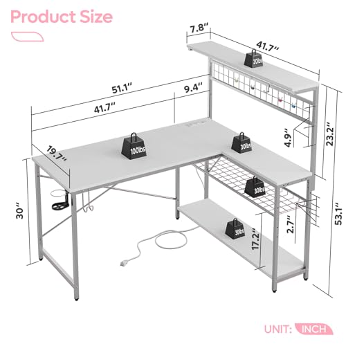 Bestier 42 L Gaming Desk with Power Outlets, LED Lights and Shelves D8630