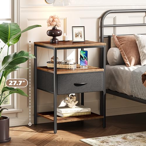 SUPERJARE Nightstand with Charging Station, Fabric Drawer, 3-Tier Storage, Walnut K366263