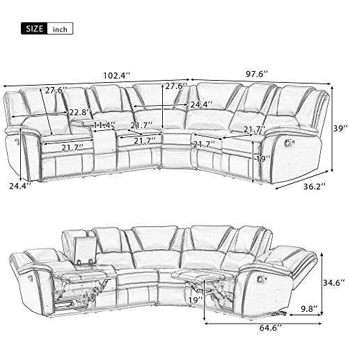 PU Leather Manual Reclining Sectional Sofa with Cup Holders, Brown E3190