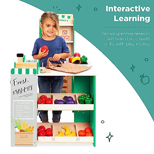 Pretend Play Grocery Store Wooden Supermarket Toy Set for Kids with Play Food, Cash Register, Conveyor - Red I3448