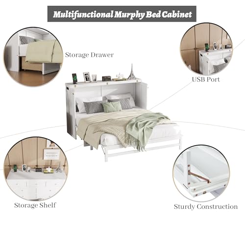 Queen Murphy Bed Cabinet with Storage Drawer and Charging Station, Solid Pine, White A401