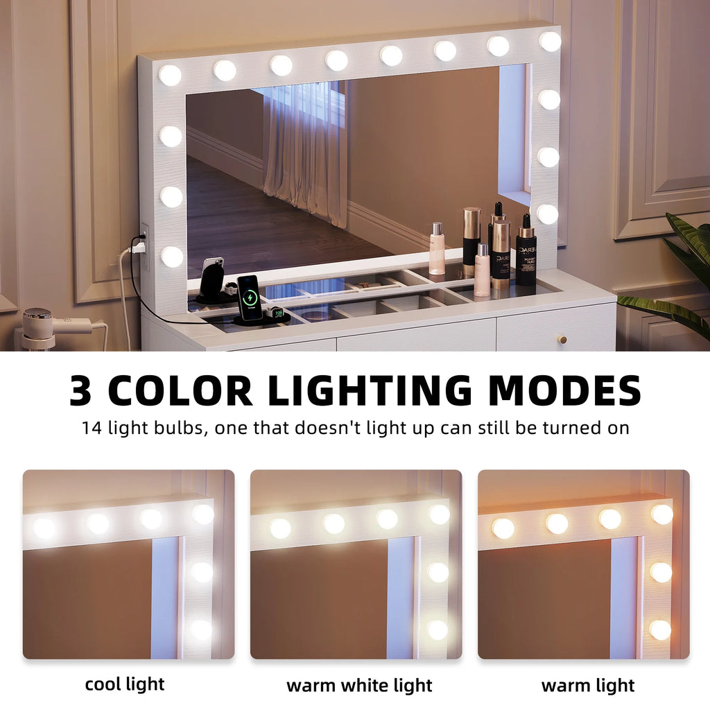 DWVO Vanity Table Set with Lighted Mirror, Charging Station & Stool D23790