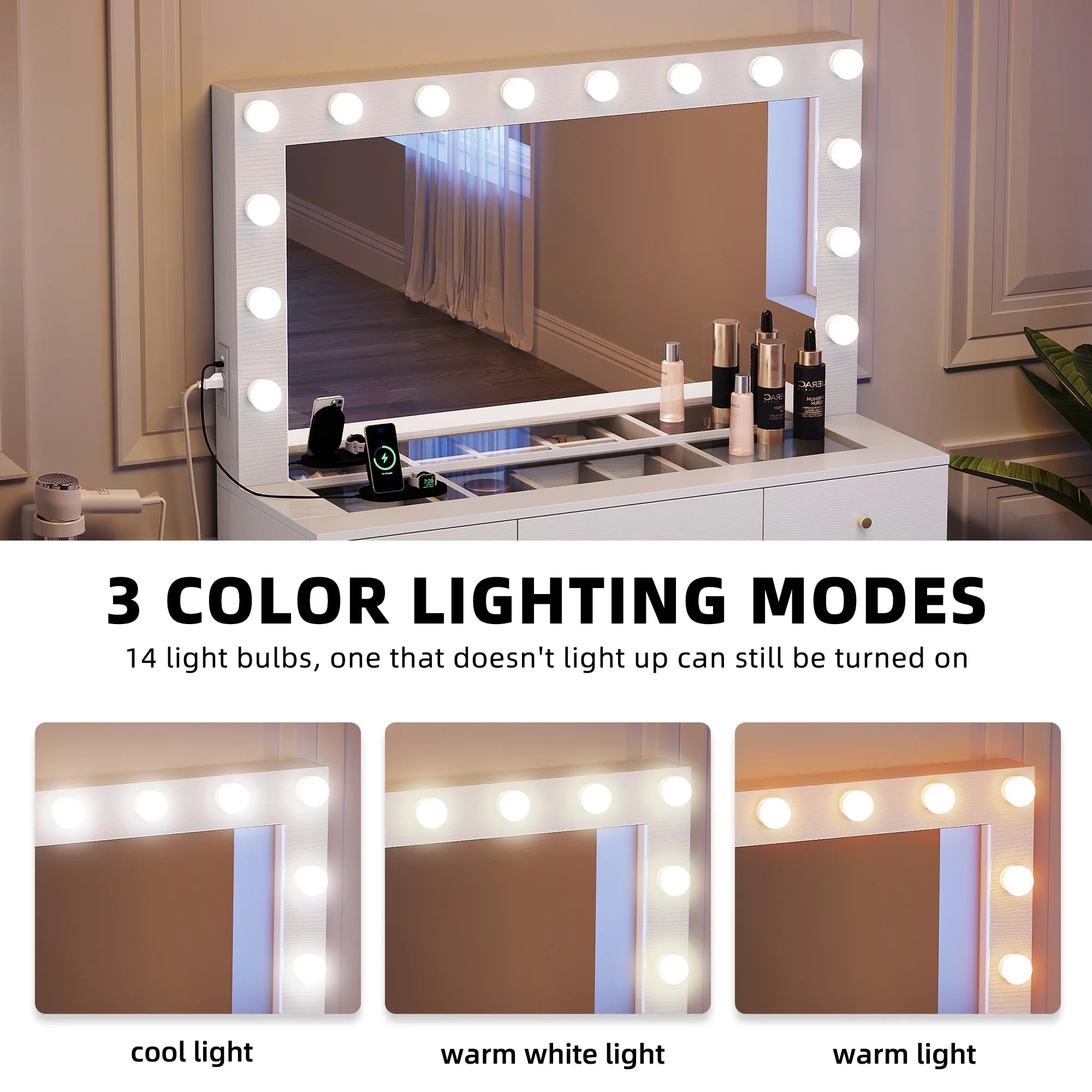 DWVO Vanity Table Set with Lighted Mirror, Charging Station & Stool D23790