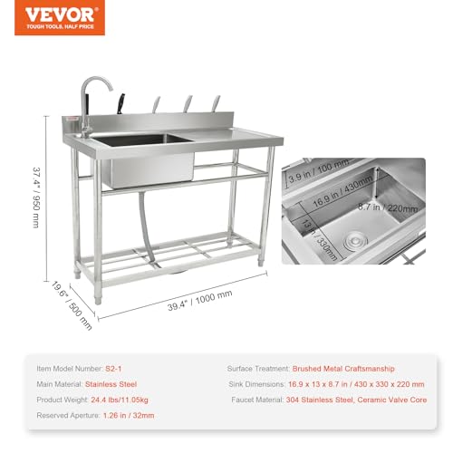 VEVOR Stainless Steel Utility Sink with Workbench Faucet and Legs, 39.4 x 19.1 x 37.4 in L559
