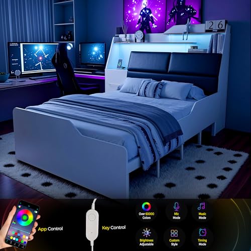 Full Platform Bed Frame with Foldable Desk, Storage Headboard, LED Light Y18160