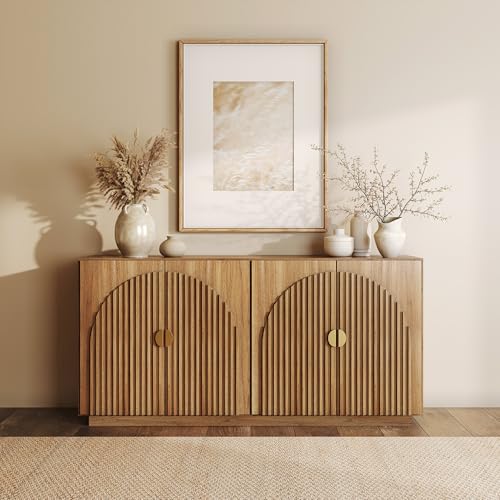 BELLEZE 65 Inch Fluted Buffet Cabinet with Storage, Caramel Brown U96619