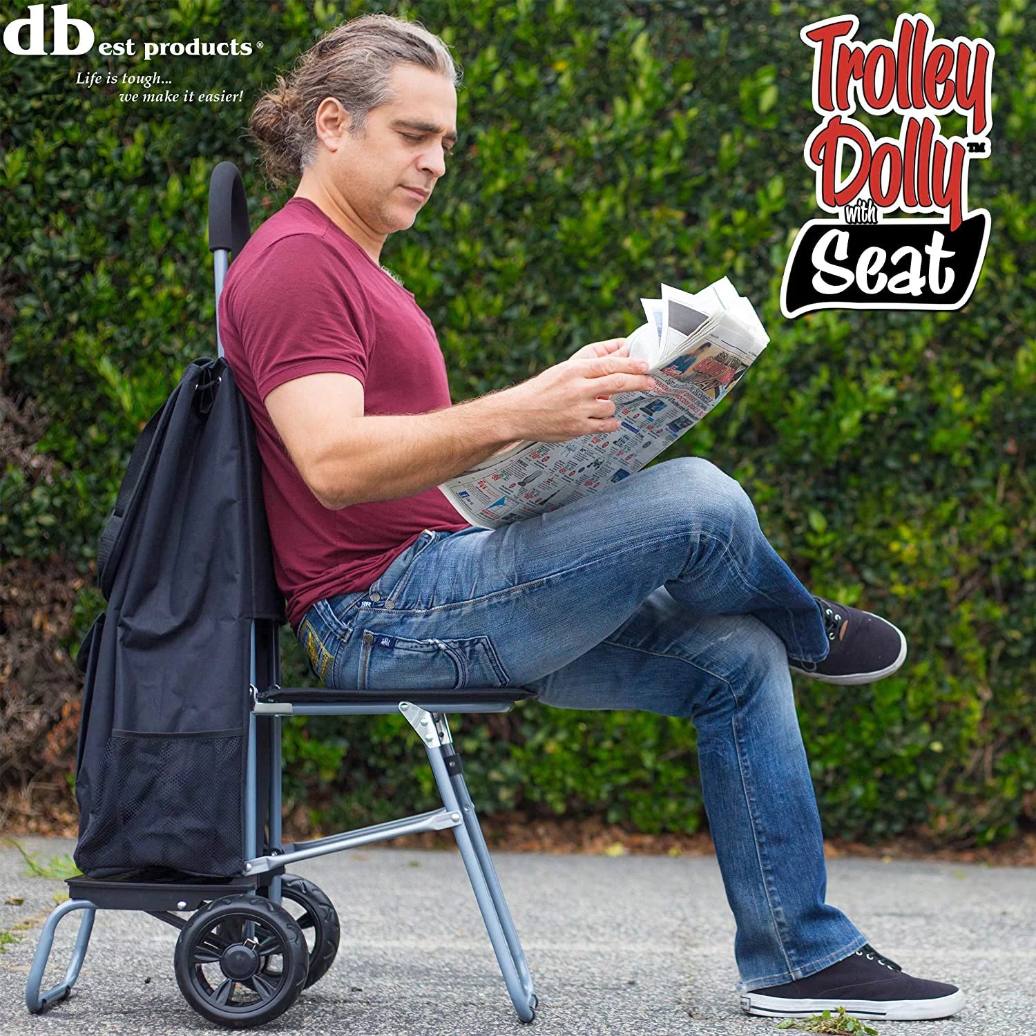 dbest products Trolley Dolly Foldable Shopping Cart with Seat, Black T9683