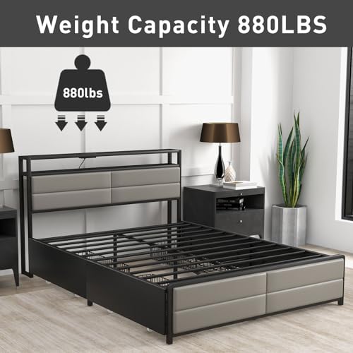 Bonzy Home Full Size Bed Frame with Storage Drawers and USB Port, Grey S969