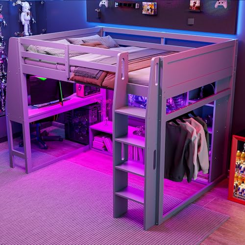 SOFTSEA Full Size Loft Bed with Desk, Storage and LED Lights, Solid Wood, Grey Q282