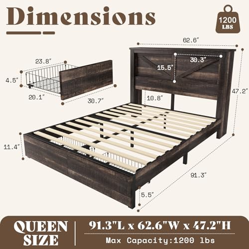 AMERLIFE King Bed Frame with Bookcase Headboard and Charging Station V4787