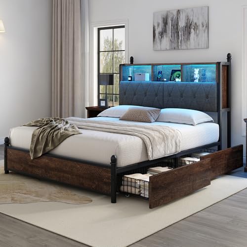 AMERLIFE Full Size Bed Frame with Bookcase Headboard, Charging Station, Rustic Brown H544