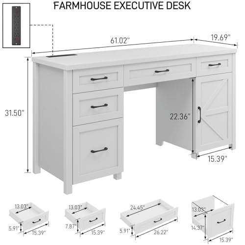 Farmhouse 61" Executive Desk with 5 Drawers and Charging Station, Pure Black W116439