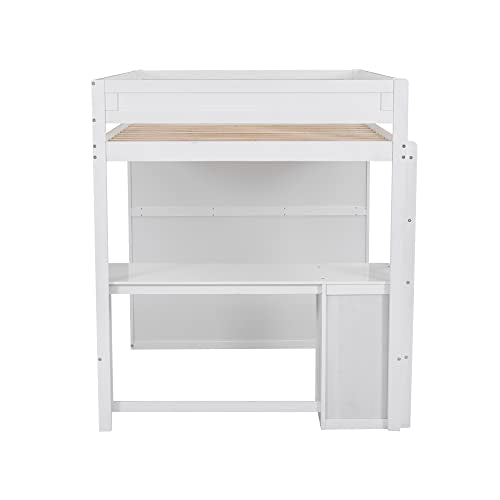 Full Size Loft Bed with Storage Wardrobe and Desk for Kids Teens Adults White K66587