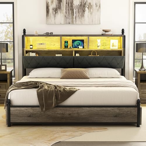 AMERLIFE Full Size Bed Frame with Bookcase Headboard, Charging Station, Rustic Brown H544