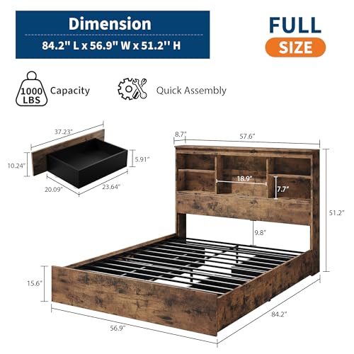 GarveeHome Full Size Bed Frame with Bookcase Headboard and Charging Station Z337