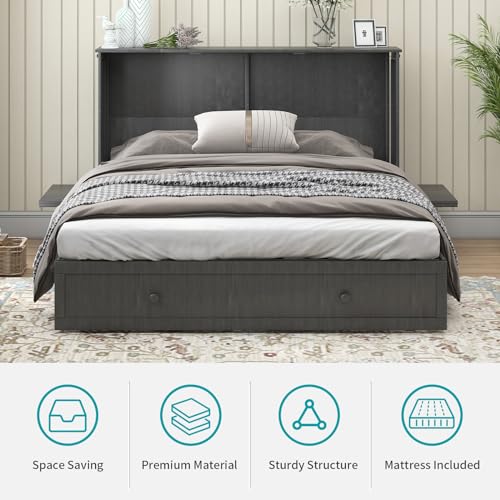 BALUS Murphy Bed Cabinet Queen with Tri-fold Mattress, USB Charging Station, Grey-Blue X7255