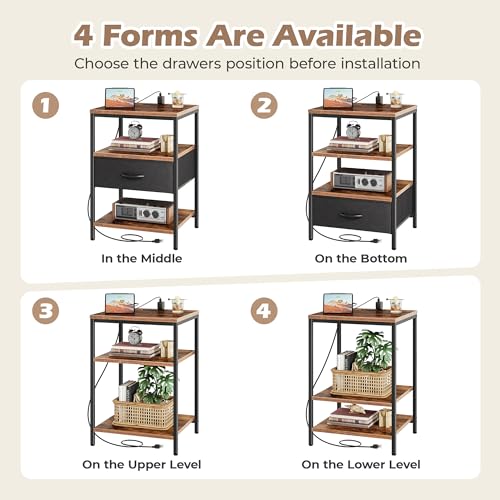 SUPERJARE Nightstand with Charging Station, Fabric Drawer, 3-Tier Storage, Walnut K366263