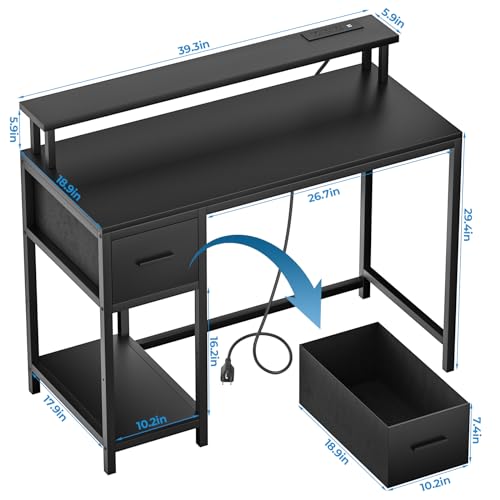 GreenForest Gaming Desk 39 Inch with LED Lights and Monitor Stand, Black S99189