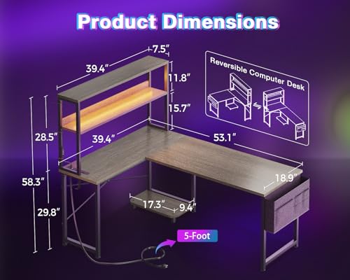 AODK L Shaped Gaming Desk with LED Light & Power Outlet, Grey Oak P41493