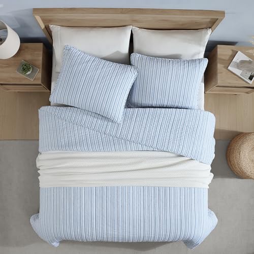 Nautica Queen Reversible Cotton Quilt Set with Shams, Light Blue Y924208