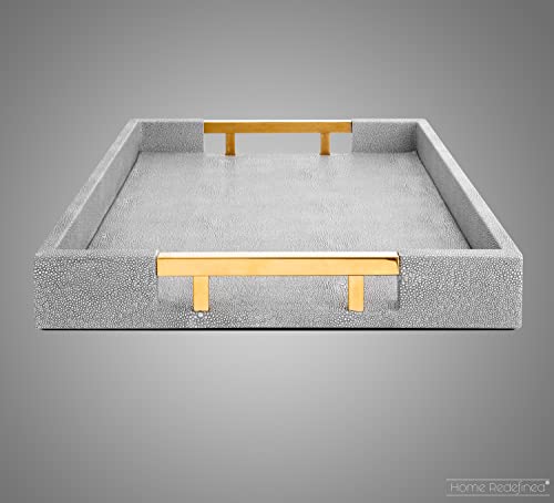 White Marble Faux Leather Decorative Tray with Handles D972626