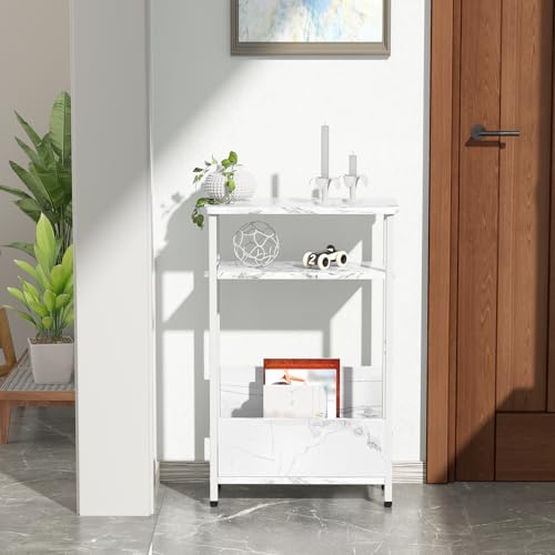 7.1" Narrow 3-Tier Side Table with Magazine Holder, Faux White Marble R580691