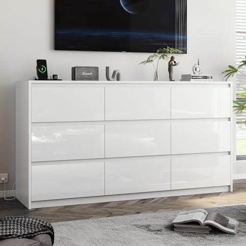 White 10 Drawer Dresser for Bedroom, High Gloss Modern TV Stand D4767