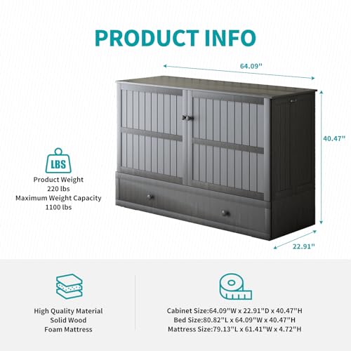 BALUS Murphy Bed Cabinet Queen with Tri-fold Mattress, USB Charging Station, Grey-Blue X7255