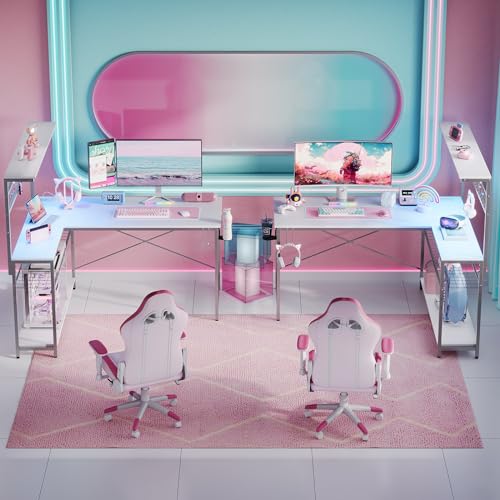 Bestier 42 L Gaming Desk with Power Outlets, LED Lights and Shelves D8630
