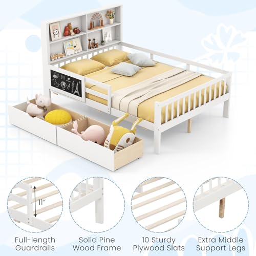 Giantex Full Bed with 2 Storage Drawers, Solid Wood Kids Bed Frame, White N580265