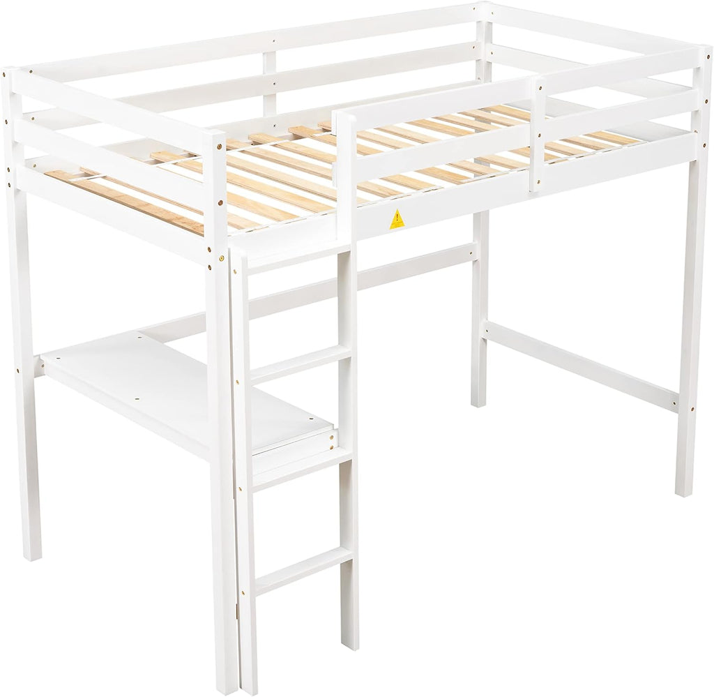 Wooden Twin Size Loft Bed with Desk and Ladder for Kids Teens, White O403068