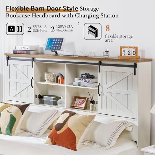 VanAcc Full Size Wooden Platform Bed with Bookcase Headboard and 2 Drawers O6158