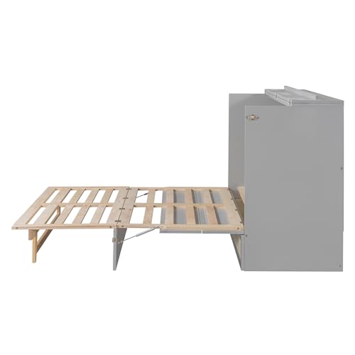 Ball & Cast Queen Size Solid Pine Murphy Bed with Charging Station, White + Walnut P2075