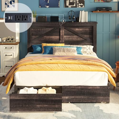 AMERLIFE King Bed Frame with Bookcase Headboard and Charging Station V4787