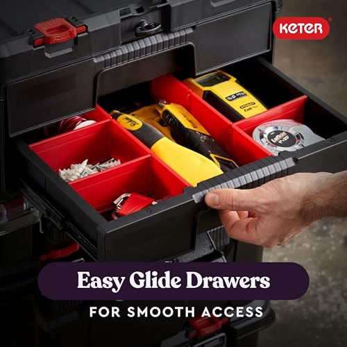 Keter Stack-n-Roll Modular Tools Organizer, 3 Piece Resin Rolling Tool Box, Black S451