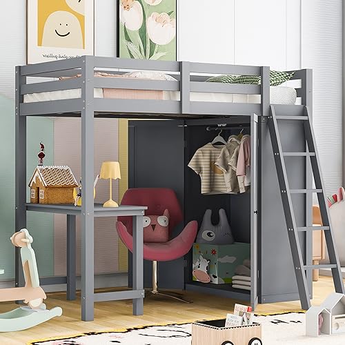 Harper & Bright Designs Full Size Loft Bed with Wardrobe and Desk, Solid Wood, White R4710