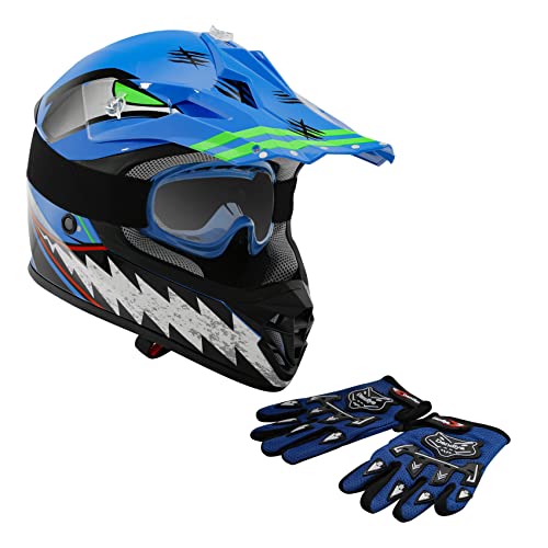 SLMOTO Dot Youth Kids Motocross Offroad Helmet with Goggles and Gloves Blue Skull D851858