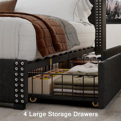 Upholstered Queen Bed Frame with 4 Storage Drawers and Charging Station, Light Grey K875
