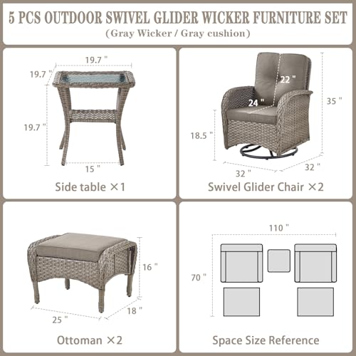 Outdoor Wicker Swivel Rocker Chairs Set of 2 with Rattan Side Table, Brown/Blue B592