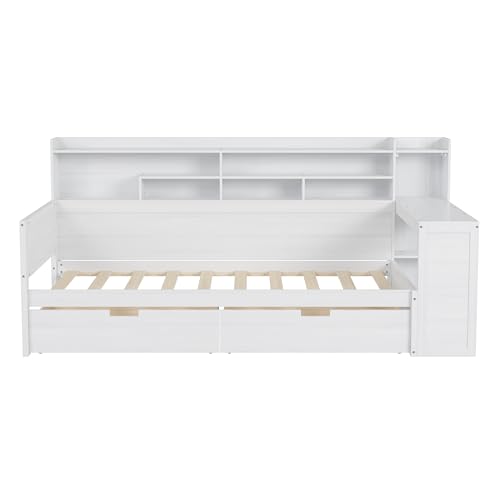 Bellemave Twin Corner Bed Frame with Storage Shelves and Desk, Gray L74206