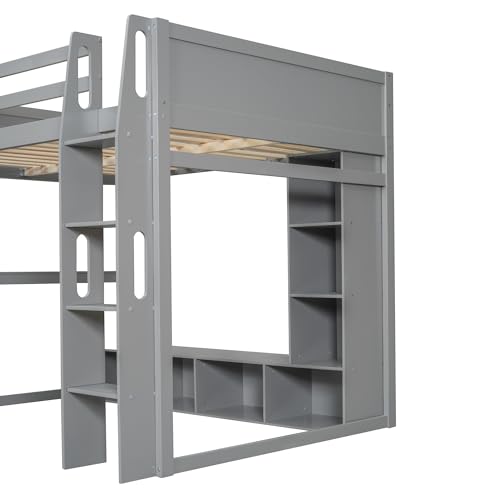 SOFTSEA Full Size Loft Bed with Desk, Storage and LED Lights, Solid Wood, Grey Q282