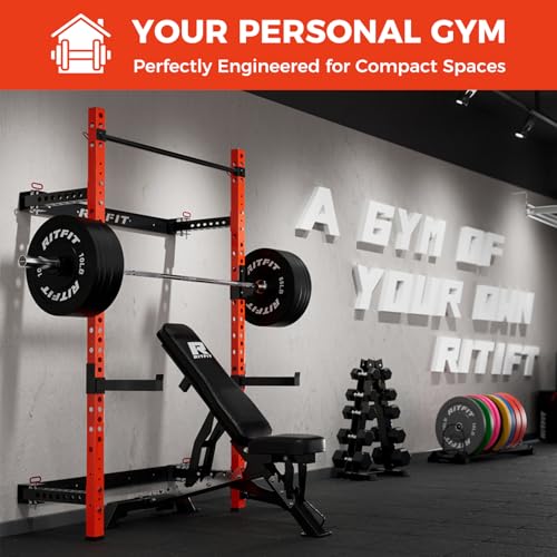 RitFit Multi-Functional Folding Squat Rack for Home Gym, Wall Mounted with Attachments V171188