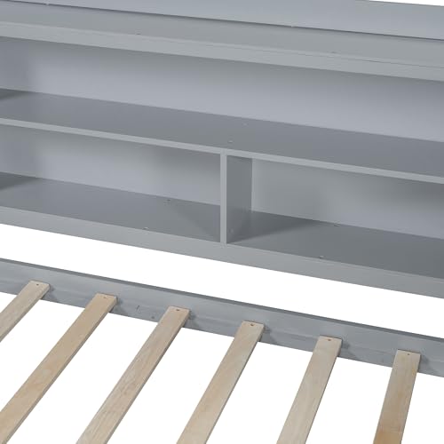 Bellemave Twin Corner Bed Frame with Storage Shelves and Desk, Gray L74206