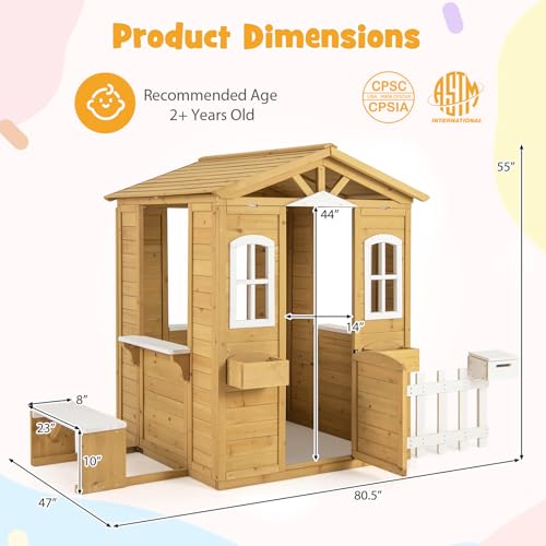 Costzon Outdoor Fir Wood Playhouse for Kids with Bench & Mailbox N477566