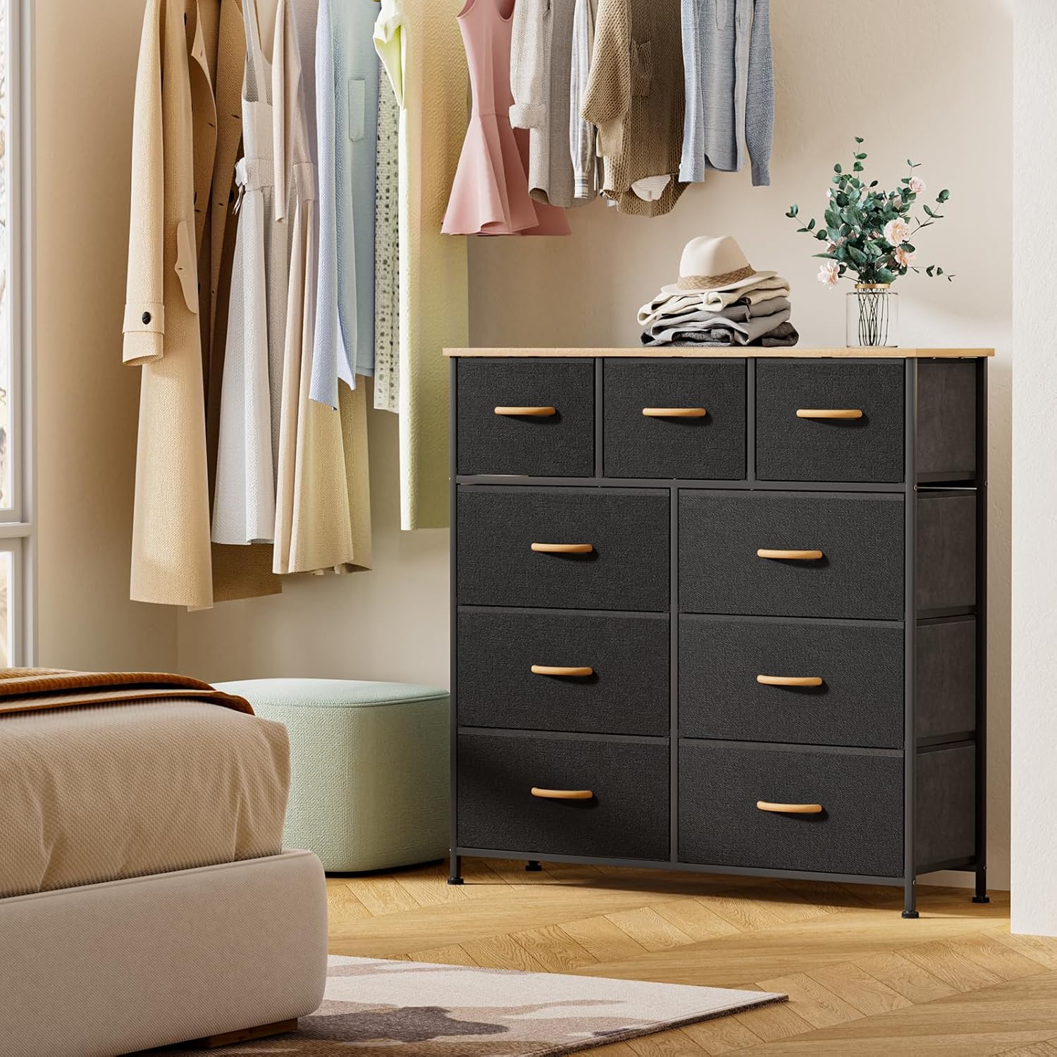 Black Dresser with 9 Drawers and Steel Frame E2248